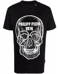 schwarzes und weißes bedrucktes T-Shirt mit einem Rundhalsausschnitt von Philipp Plein