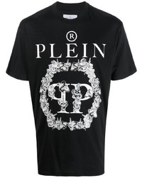 schwarzes und weißes bedrucktes T-Shirt mit einem Rundhalsausschnitt von Philipp Plein