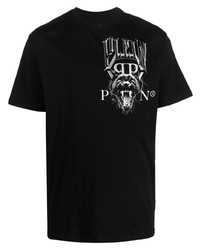 schwarzes und weißes bedrucktes T-Shirt mit einem Rundhalsausschnitt von Philipp Plein