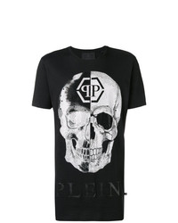 schwarzes und weißes bedrucktes T-Shirt mit einem Rundhalsausschnitt von Philipp Plein