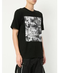 schwarzes und weißes bedrucktes T-Shirt mit einem Rundhalsausschnitt von White Mountaineering