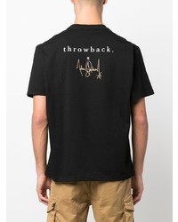 schwarzes und weißes bedrucktes T-Shirt mit einem Rundhalsausschnitt von Throwback.