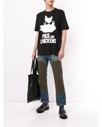 schwarzes und weißes bedrucktes T-Shirt mit einem Rundhalsausschnitt von Junya Watanabe MAN