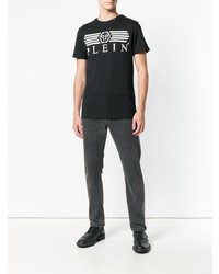 schwarzes und weißes bedrucktes T-Shirt mit einem Rundhalsausschnitt von Philipp Plein