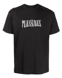 schwarzes und weißes bedrucktes T-Shirt mit einem Rundhalsausschnitt von Pleasures