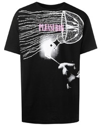 schwarzes und weißes bedrucktes T-Shirt mit einem Rundhalsausschnitt von Pleasures