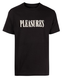 schwarzes und weißes bedrucktes T-Shirt mit einem Rundhalsausschnitt von Pleasures