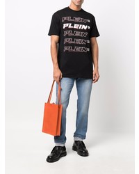 schwarzes und weißes bedrucktes T-Shirt mit einem Rundhalsausschnitt von Philipp Plein