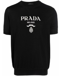 schwarzes und weißes bedrucktes T-Shirt mit einem Rundhalsausschnitt von Prada