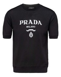 schwarzes und weißes bedrucktes T-Shirt mit einem Rundhalsausschnitt von Prada