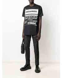 schwarzes und weißes bedrucktes T-Shirt mit einem Rundhalsausschnitt von DSQUARED2