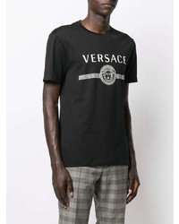 schwarzes und weißes bedrucktes T-Shirt mit einem Rundhalsausschnitt von Versace