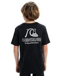 schwarzes und weißes bedrucktes T-Shirt mit einem Rundhalsausschnitt von Quiksilver