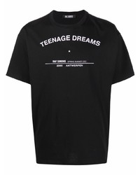 schwarzes und weißes bedrucktes T-Shirt mit einem Rundhalsausschnitt von Raf Simons