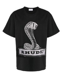 schwarzes und weißes bedrucktes T-Shirt mit einem Rundhalsausschnitt von Rhude