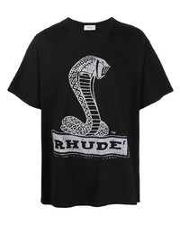 schwarzes und weißes bedrucktes T-Shirt mit einem Rundhalsausschnitt von Rhude