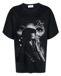 schwarzes und weißes bedrucktes T-Shirt mit einem Rundhalsausschnitt von Rhude