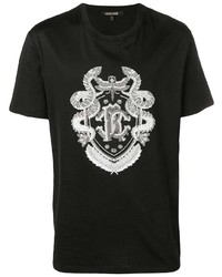 schwarzes und weißes bedrucktes T-Shirt mit einem Rundhalsausschnitt von Roberto Cavalli