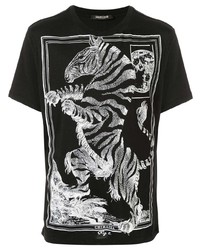 schwarzes und weißes bedrucktes T-Shirt mit einem Rundhalsausschnitt von Roberto Cavalli