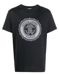 schwarzes und weißes bedrucktes T-Shirt mit einem Rundhalsausschnitt von Roberto Cavalli