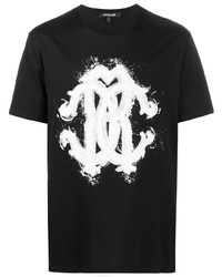 schwarzes und weißes bedrucktes T-Shirt mit einem Rundhalsausschnitt von Roberto Cavalli