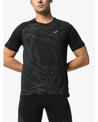 schwarzes und weißes bedrucktes T-Shirt mit einem Rundhalsausschnitt von Asics