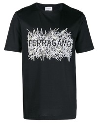 schwarzes und weißes bedrucktes T-Shirt mit einem Rundhalsausschnitt von Salvatore Ferragamo