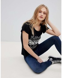 schwarzes und weißes bedrucktes T-Shirt mit einem Rundhalsausschnitt von Blend She