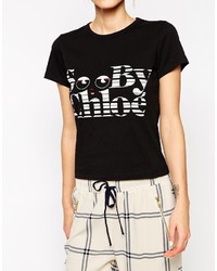 schwarzes und weißes bedrucktes T-Shirt mit einem Rundhalsausschnitt von See by Chloe