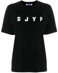 schwarzes und weißes bedrucktes T-Shirt mit einem Rundhalsausschnitt von Sjyp