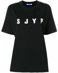 schwarzes und weißes bedrucktes T-Shirt mit einem Rundhalsausschnitt von Sjyp