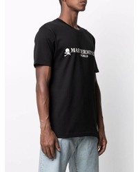 schwarzes und weißes bedrucktes T-Shirt mit einem Rundhalsausschnitt von Mastermind World