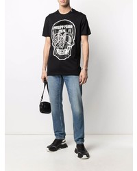 schwarzes und weißes bedrucktes T-Shirt mit einem Rundhalsausschnitt von Philipp Plein