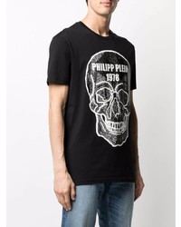 schwarzes und weißes bedrucktes T-Shirt mit einem Rundhalsausschnitt von Philipp Plein