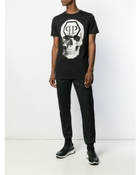 schwarzes und weißes bedrucktes T-Shirt mit einem Rundhalsausschnitt von Philipp Plein