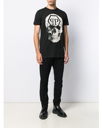 schwarzes und weißes bedrucktes T-Shirt mit einem Rundhalsausschnitt von Philipp Plein