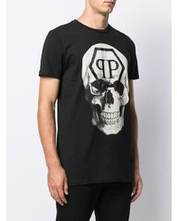 schwarzes und weißes bedrucktes T-Shirt mit einem Rundhalsausschnitt von Philipp Plein