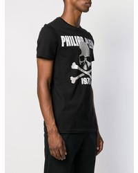 schwarzes und weißes bedrucktes T-Shirt mit einem Rundhalsausschnitt von Philipp Plein