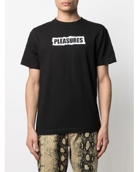 schwarzes und weißes bedrucktes T-Shirt mit einem Rundhalsausschnitt von Pleasures