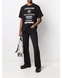 schwarzes und weißes bedrucktes T-Shirt mit einem Rundhalsausschnitt von Raf Simons