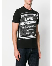 schwarzes und weißes bedrucktes T-Shirt mit einem Rundhalsausschnitt von Love Moschino