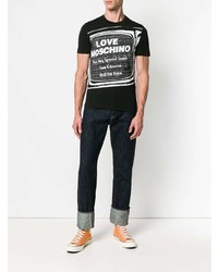 schwarzes und weißes bedrucktes T-Shirt mit einem Rundhalsausschnitt von Love Moschino