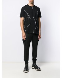schwarzes und weißes bedrucktes T-Shirt mit einem Rundhalsausschnitt von Les Hommes