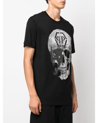 schwarzes und weißes bedrucktes T-Shirt mit einem Rundhalsausschnitt von Philipp Plein