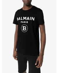 schwarzes und weißes bedrucktes T-Shirt mit einem Rundhalsausschnitt von Balmain