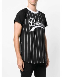 schwarzes und weißes bedrucktes T-Shirt mit einem Rundhalsausschnitt von Balmain