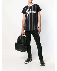 schwarzes und weißes bedrucktes T-Shirt mit einem Rundhalsausschnitt von Balmain