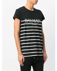 schwarzes und weißes bedrucktes T-Shirt mit einem Rundhalsausschnitt von Balmain