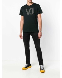 schwarzes und weißes bedrucktes T-Shirt mit einem Rundhalsausschnitt von Versace Jeans