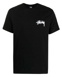 schwarzes und weißes bedrucktes T-Shirt mit einem Rundhalsausschnitt von Stussy